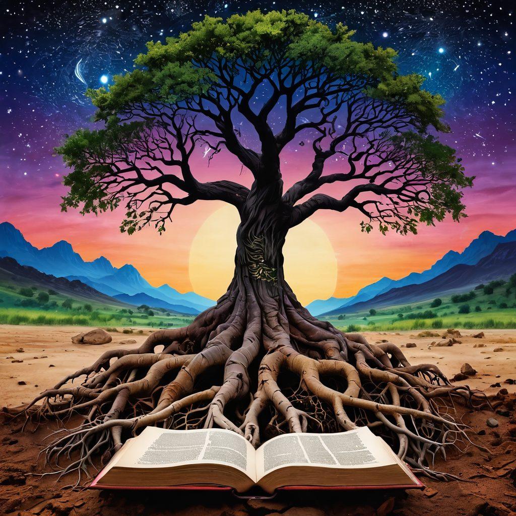 A visually captivating illustration of an ancient tree with roots spreading deep into a vibrant, colorful landscape, symbolizing the foundation of language. Each root represents a different word origin, branching out towards various artifacts such as scrolls, quills, and books. The background features a starry sky transitioning to a bright dawn, evoking discovery and enlightenment. Calligraphic letters subtly intertwine with the roots, enhancing the theme of language. super-realistic. vibrant colors. rich textures.