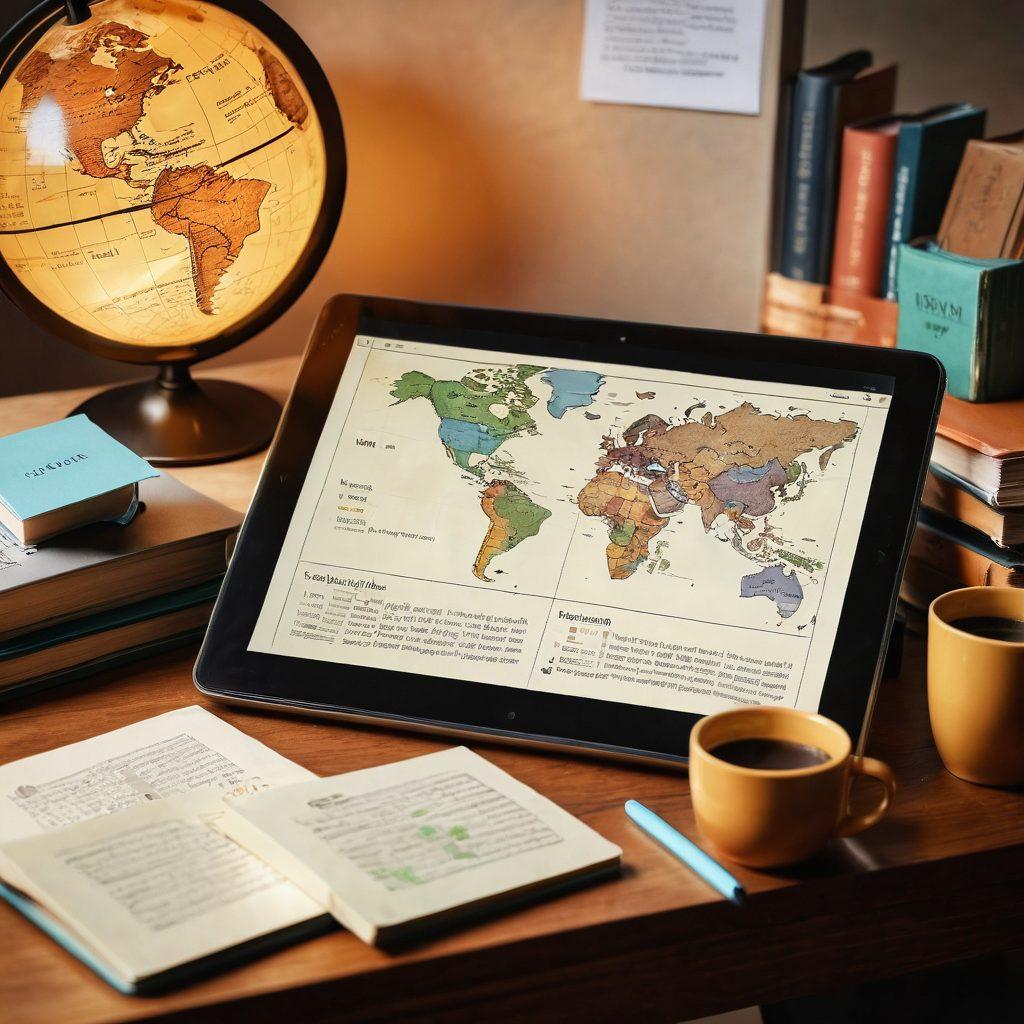 An open book merging into a sleek tablet showcasing vibrant digital phrasebooks, surrounded by scattered flashcards and sticky notes with essential vocabulary. A soft glow emanates from the tablet, illuminating a cozy study nook with a vintage globe and a steaming coffee mug, symbolizing exploration and learning. The scene balances traditional and modern learning resources, inviting viewers into the world of language mastery. super-realistic. warm tones. cozy atmosphere.