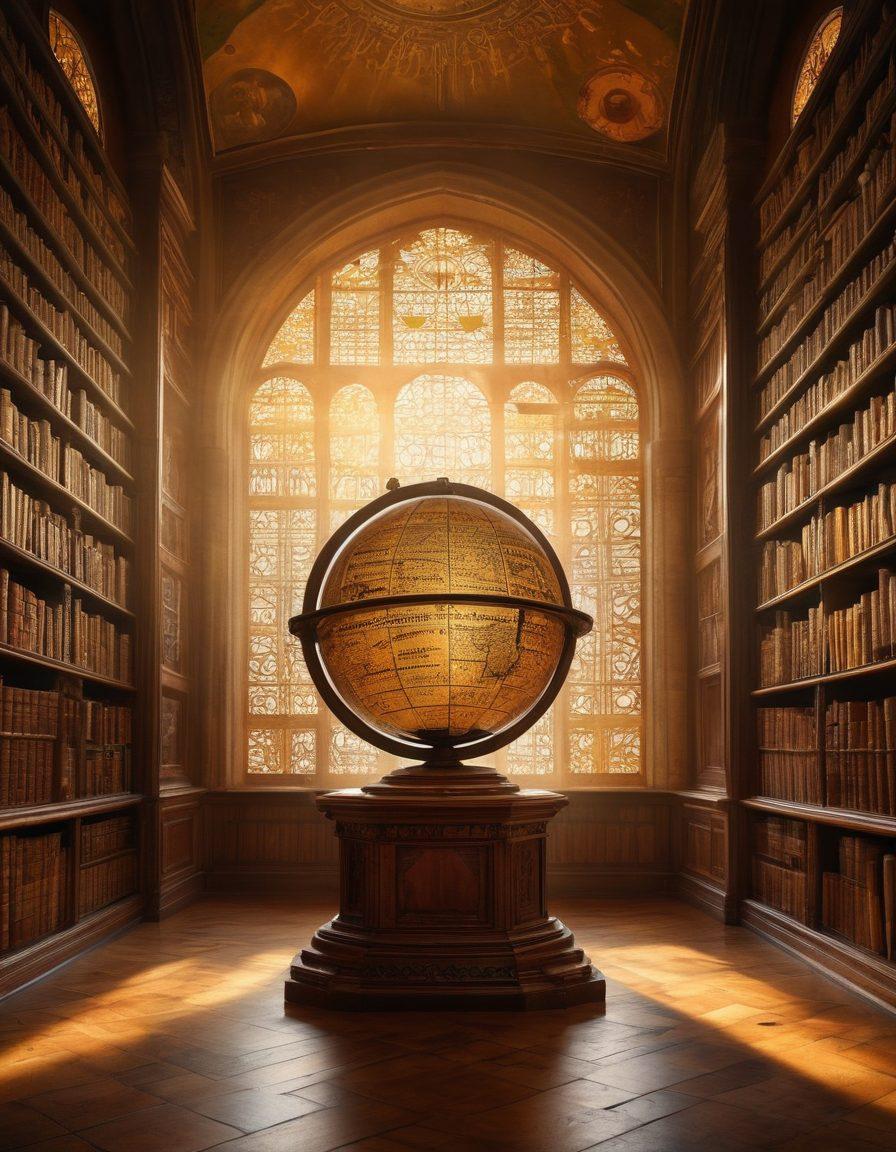 A visually stunning representation of a vast library filled with ancient books, each labeled with different languages and topics like 'Etymology', 'Glossaries', and 'Wordbooks'. A large, ornate globe sits at the center, symbolizing global languages, surrounded by floating, glowing text snippets in various scripts. The atmosphere is warm and inviting, with sun rays piercing through stained glass windows. super-realistic. vibrant colors. ethereal lighting.